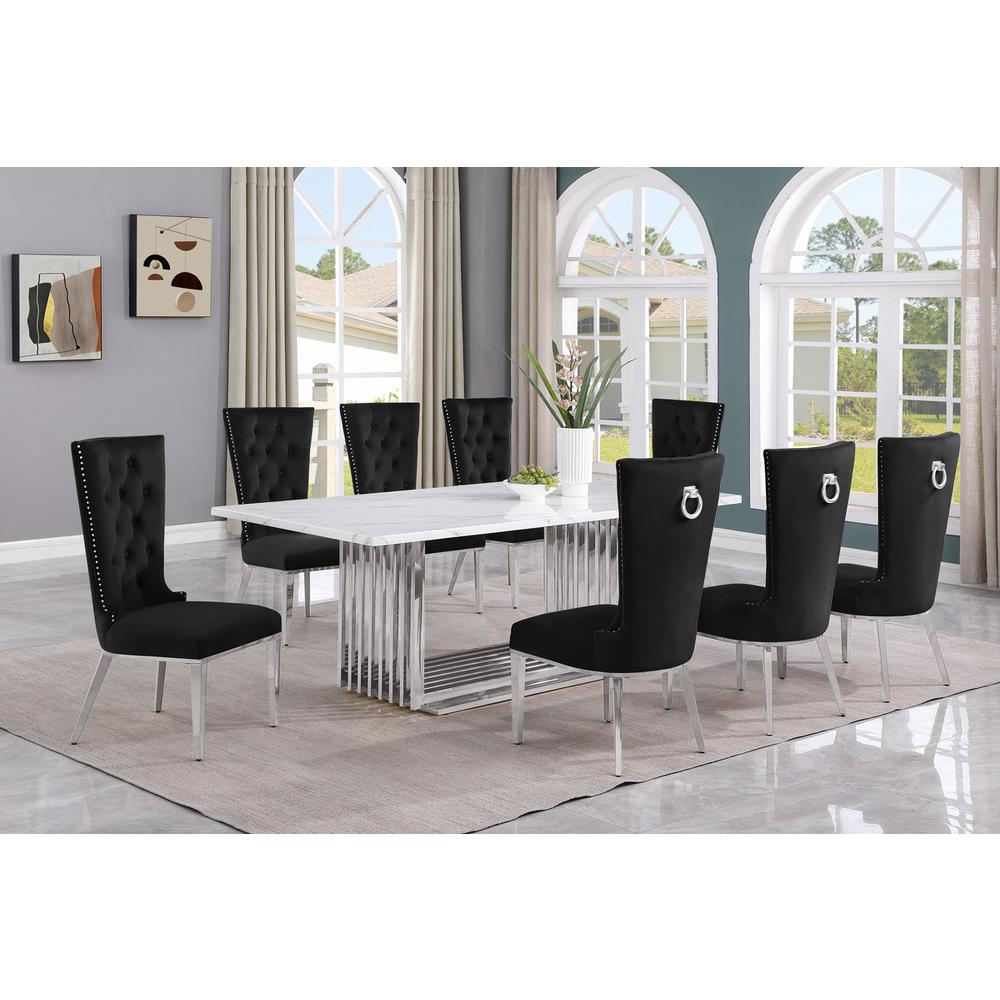 9pc Large(79″) marble top dining set with silver base and 8 Black side chairs