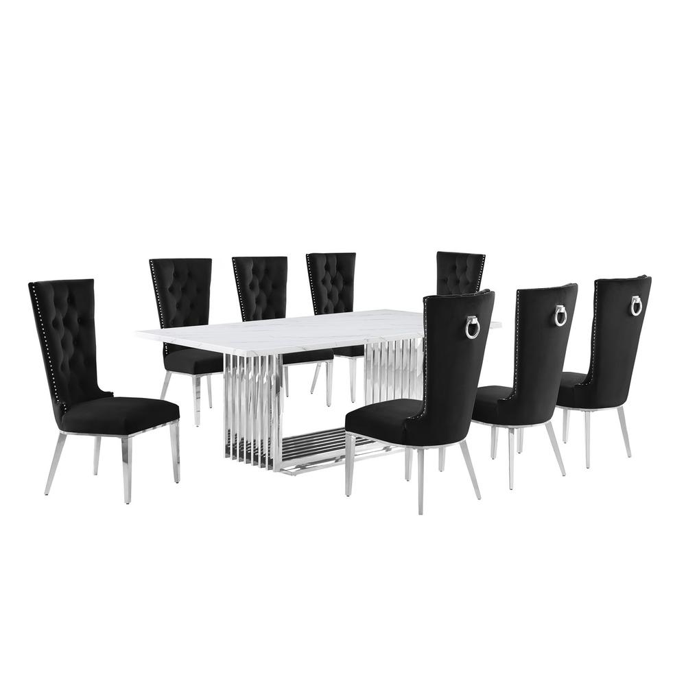 9pc Large(79″) marble top dining set with silver base and 8 Black side chairs