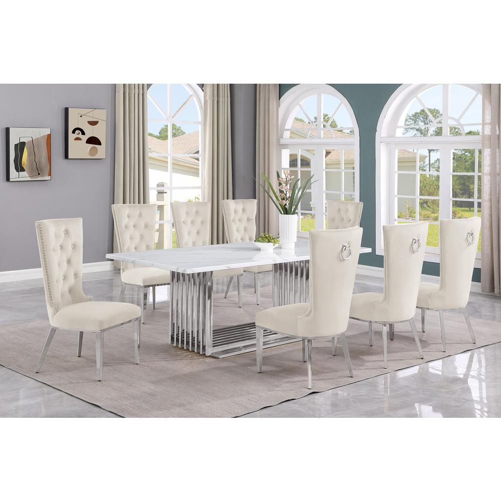 9pc Large(79″) marble top dining set with silver base and 8 cream side chairs