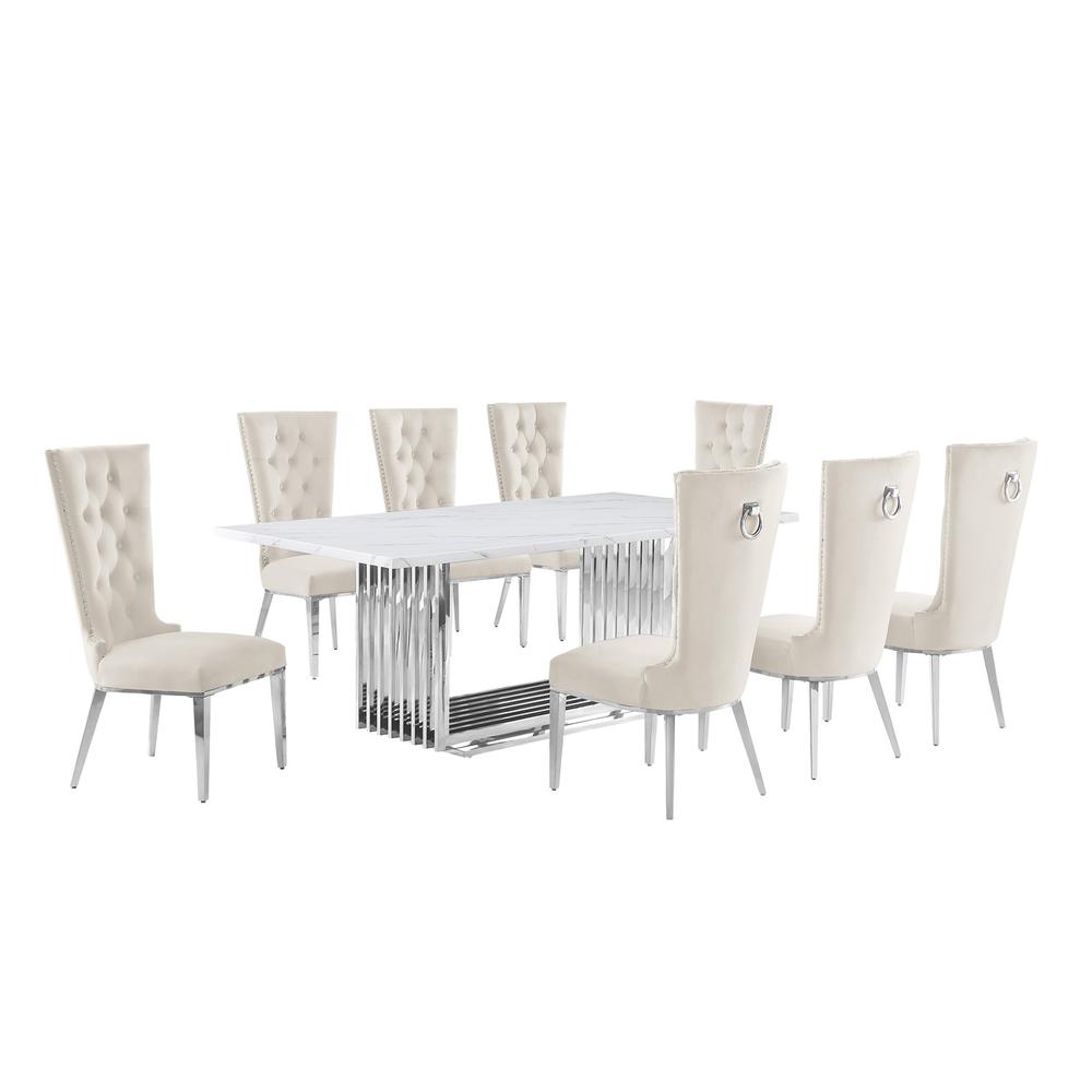 9pc Large(79″) marble top dining set with silver base and 8 cream side chairs