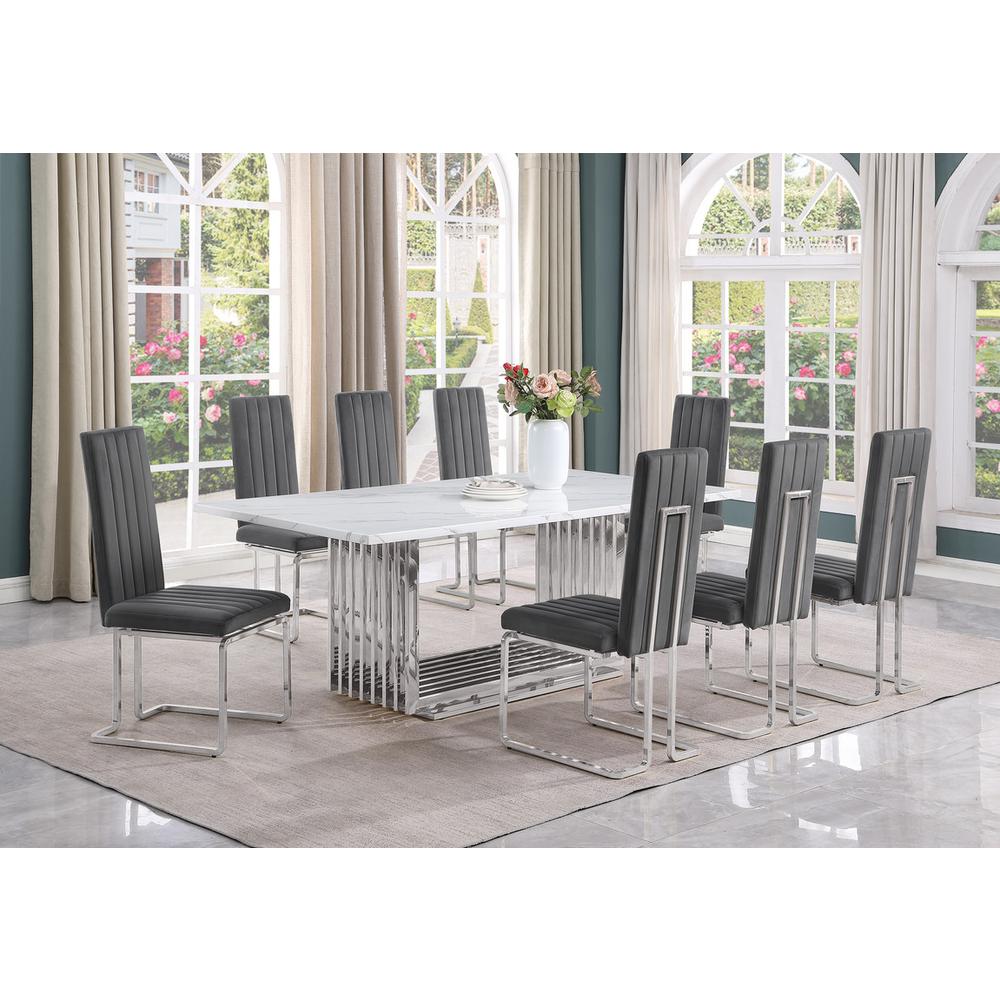 9pc Large(79″) marble top dining set with silver base and 8 Dark grey chairs