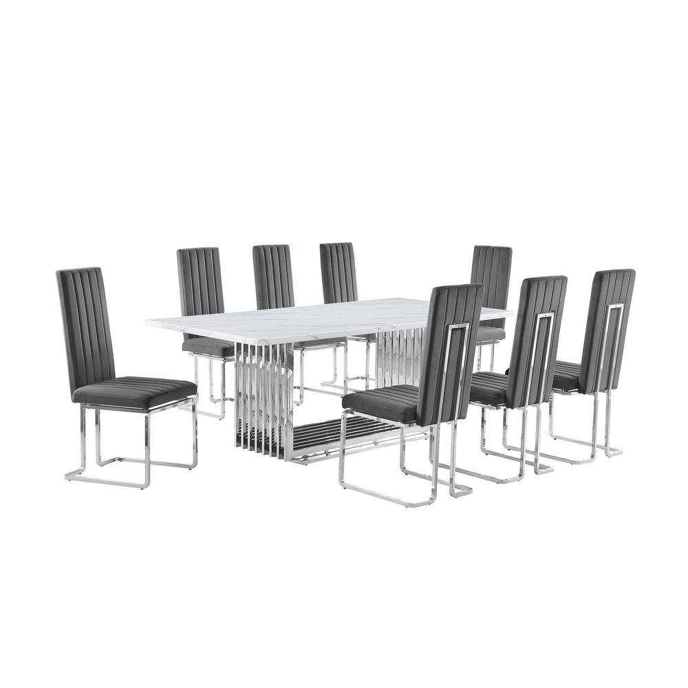 9pc Large(79″) marble top dining set with silver base and 8 Dark grey chairs