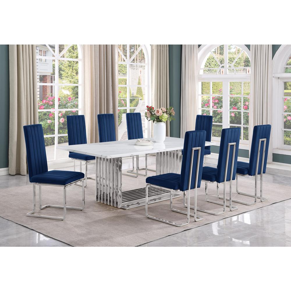 9pc Large(79″) marble top dining set with silver base and 8 Navy blue chairs