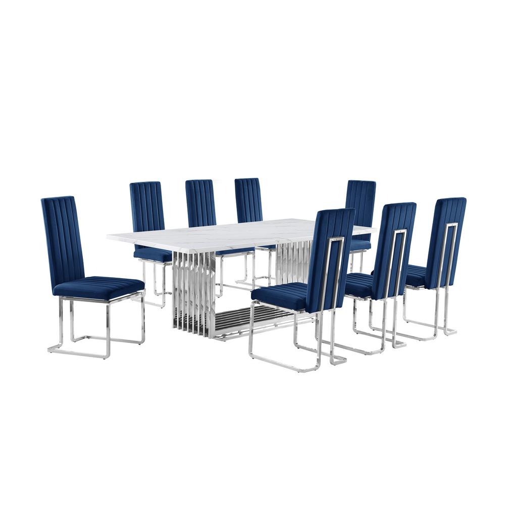 9pc Large(79″) marble top dining set with silver base and 8 Navy blue chairs