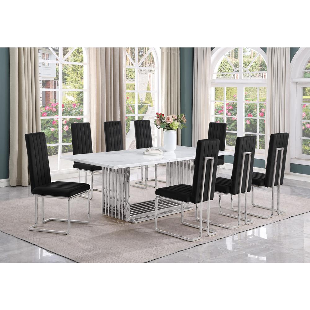 9pc Large(79″) marble top dining set with silver base and 8 Black side chairs
