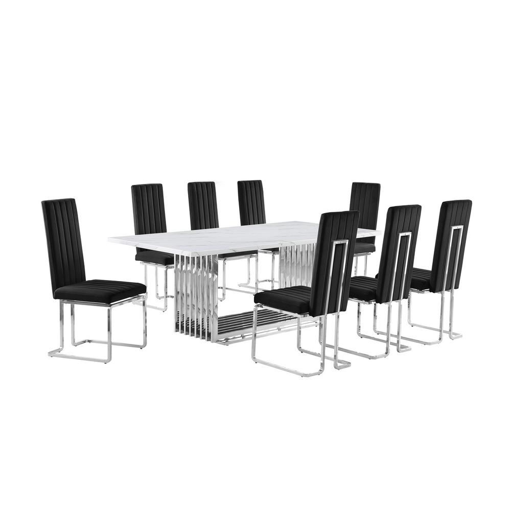 9pc Large(79″) marble top dining set with silver base and 8 Black side chairs
