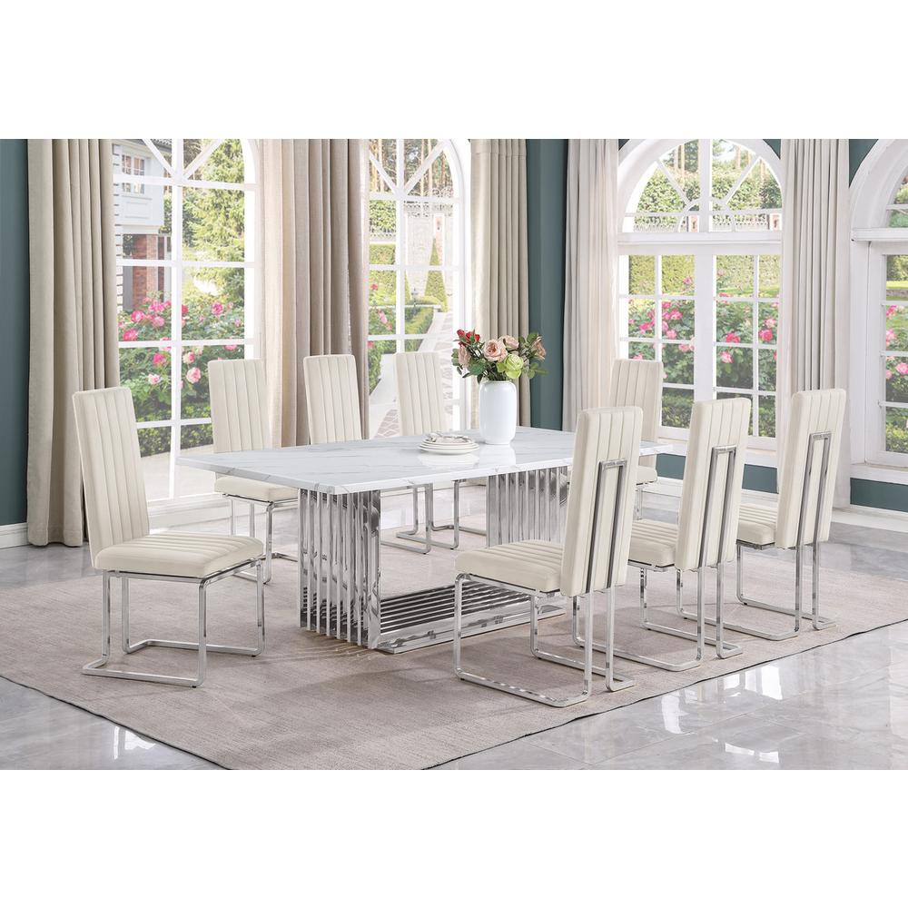 9pc Large(79″) marble top dining set with silver base and 8 cream side chairs