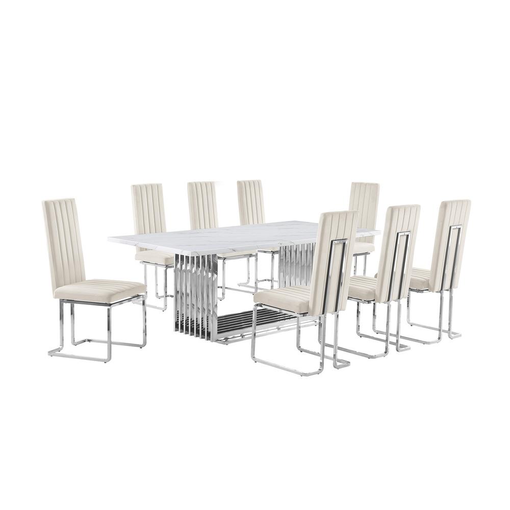 9pc Large(79″) marble top dining set with silver base and 8 cream side chairs