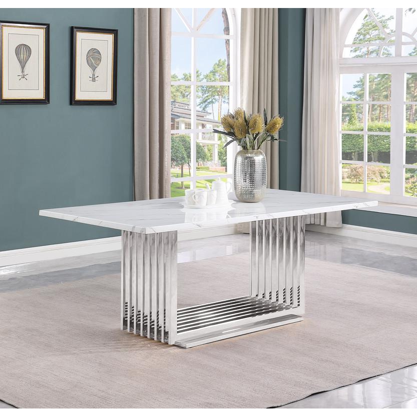 9pc Large(79″) marble top dining set with silver base and 8 Dark grey chairs