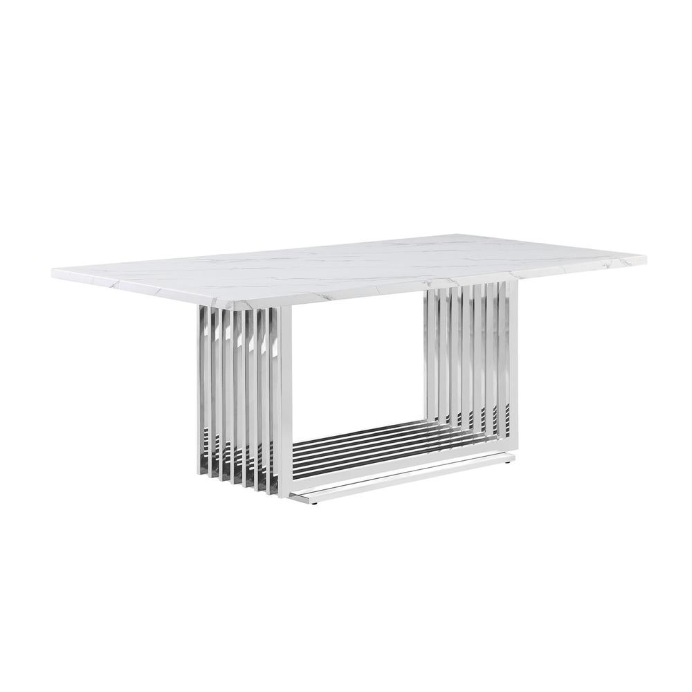 9pc Large(79″) marble top dining set with silver base and 8 Dark grey chairs