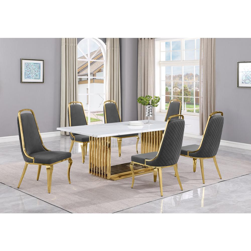 7pc Small(68″) marble top dining set with gold base and 6 Dark grey side chairs