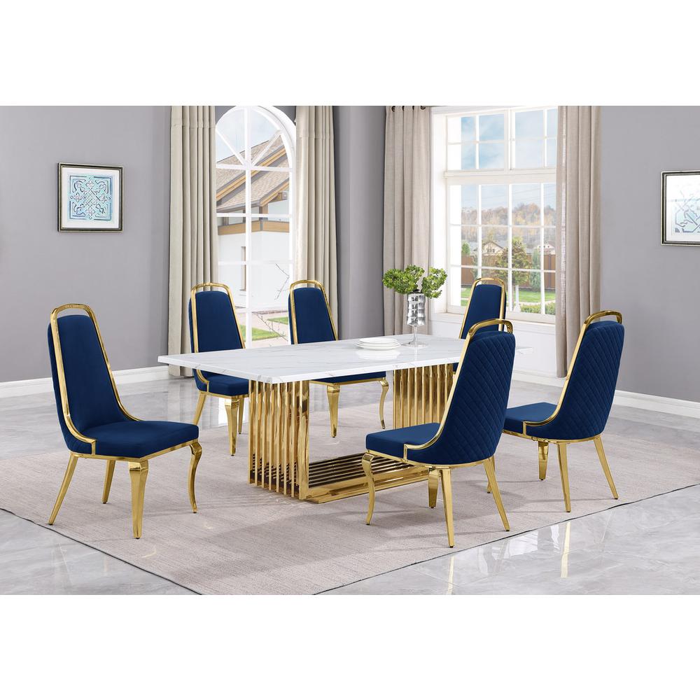 7pc Small(68″) marble top dining set with gold base and 6 Navy Blue side chairs
