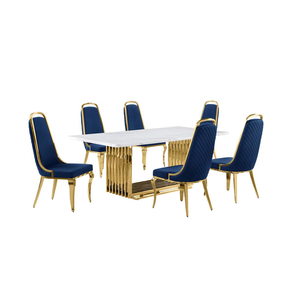 7pc Small(68″) marble top dining set with gold base and 6 Navy Blue side chairs