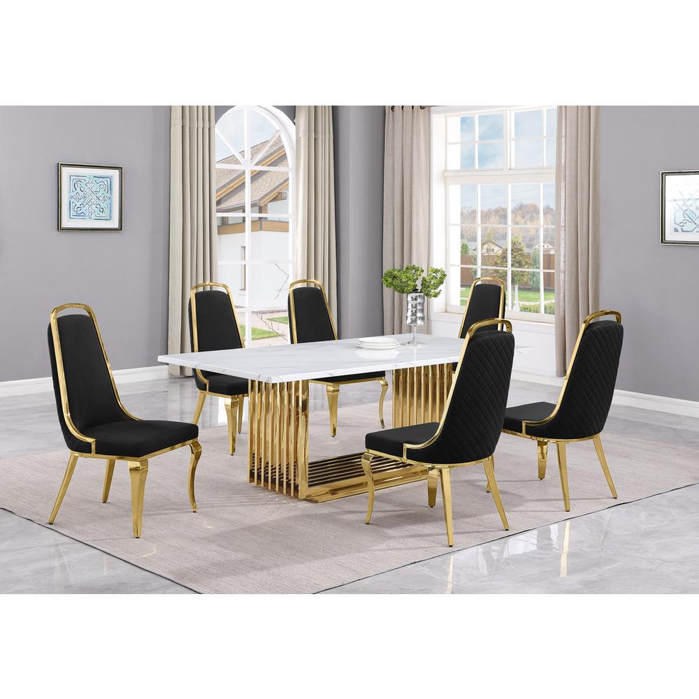7pc Small(68″) marble top dining set with gold base and 6 Black side chairs