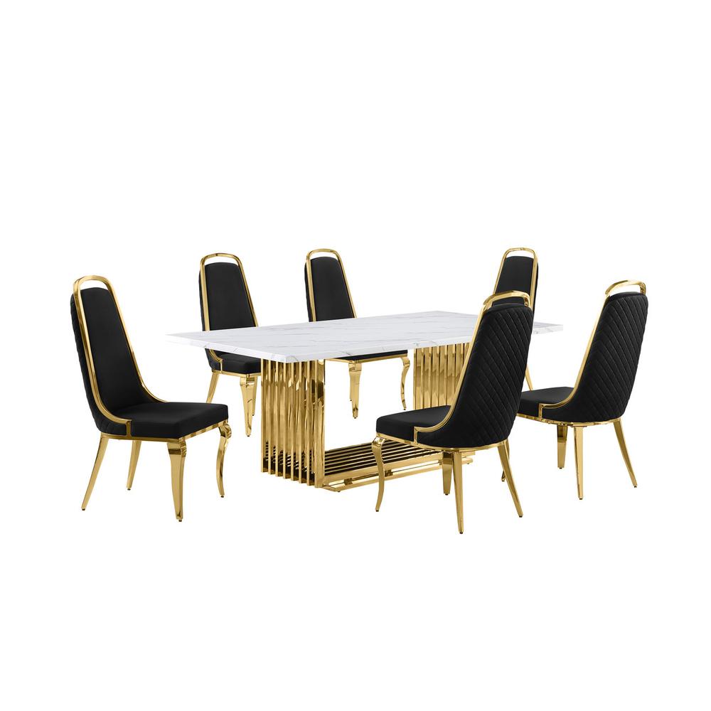 7pc Small(68″) marble top dining set with gold base and 6 Black side chairs