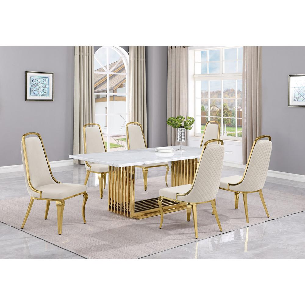 7pc Small(68″) marble top dining set with gold base and 6 Cream side chairs