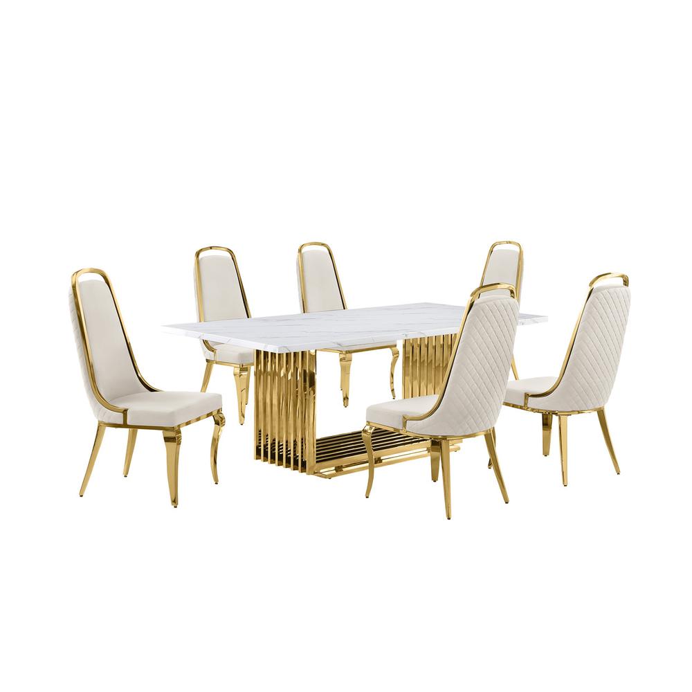 7pc Small(68″) marble top dining set with gold base and 6 Cream side chairs