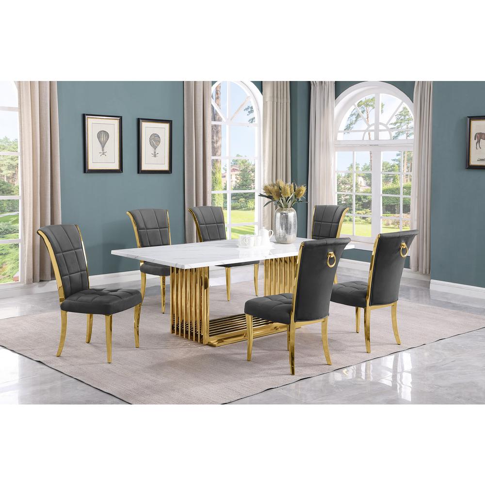7pc Small(79″) marble top dining set with gold base and 6 Dark grey side chairs