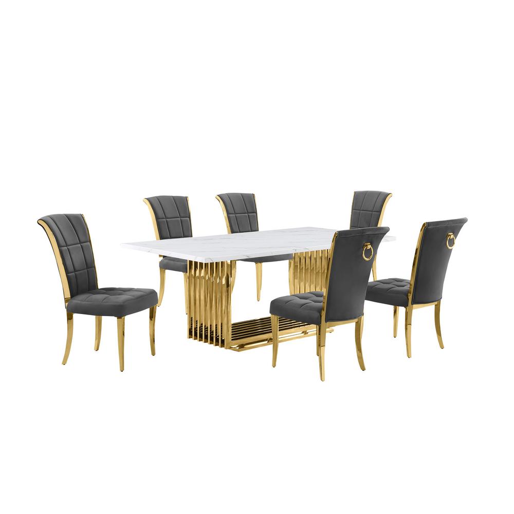 7pc Small(79″) marble top dining set with gold base and 6 Dark grey side chairs