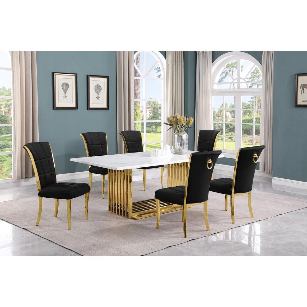 7pc Small(79″) marble top dining set with gold base and 6 Black side chairs