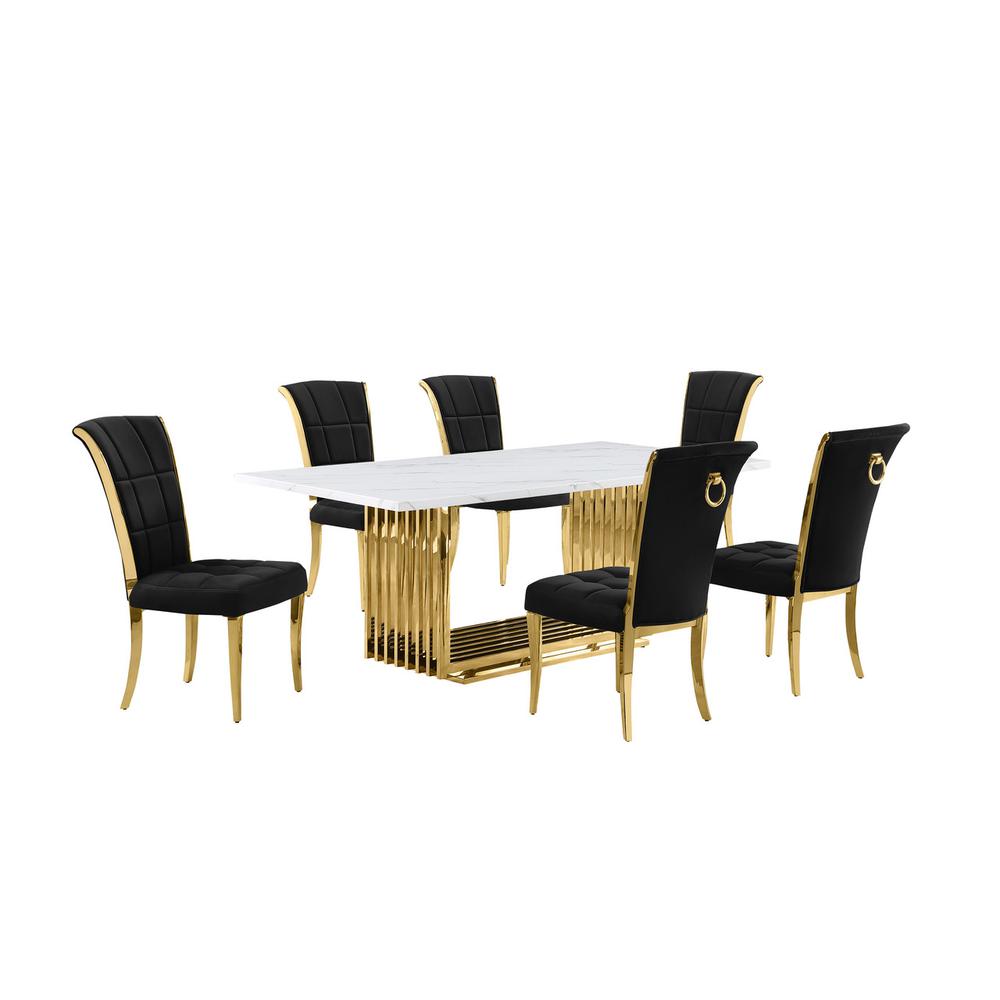7pc Small(79″) marble top dining set with gold base and 6 Black side chairs