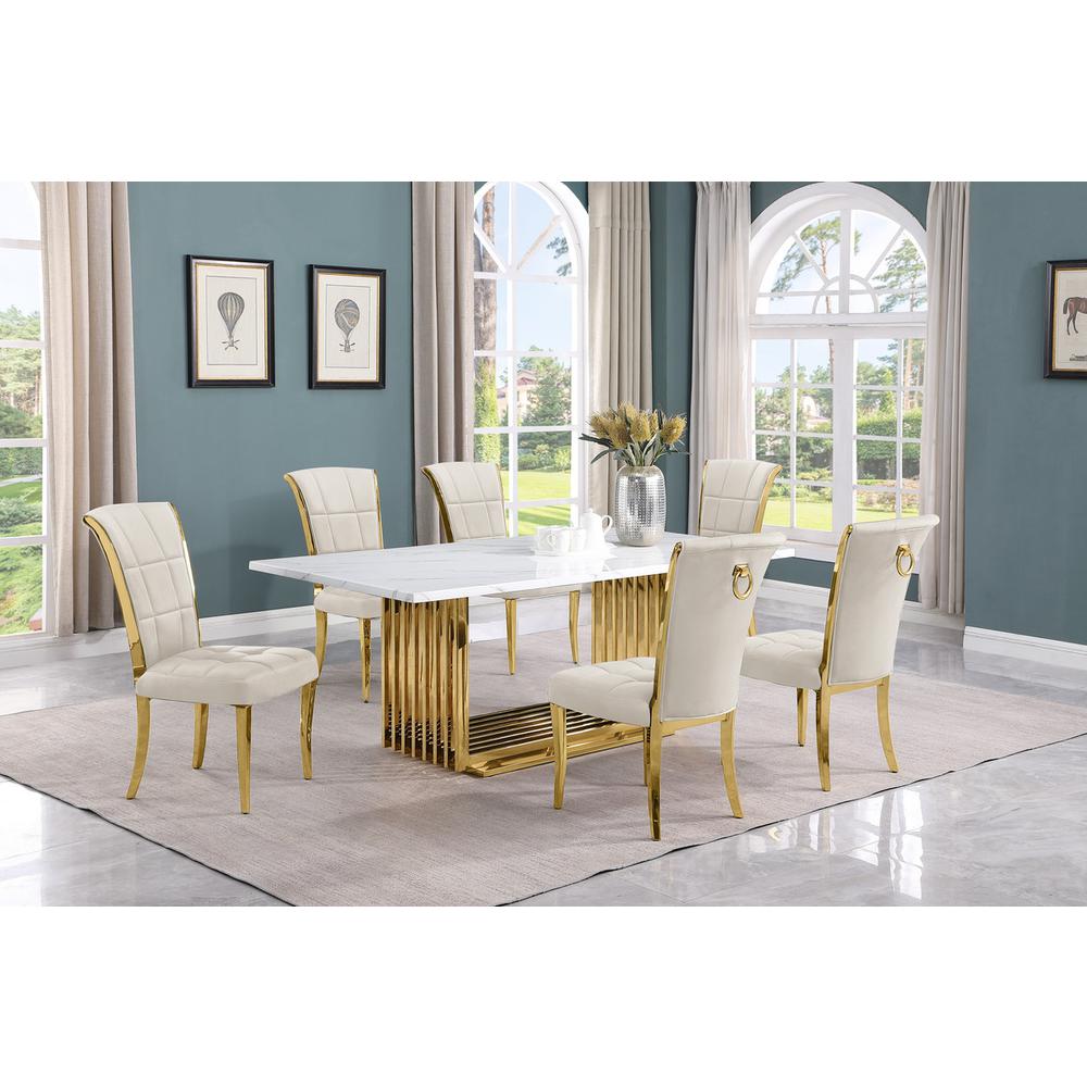 7pc Small(79″) marble top dining set with gold base and 6 Cream side chairs