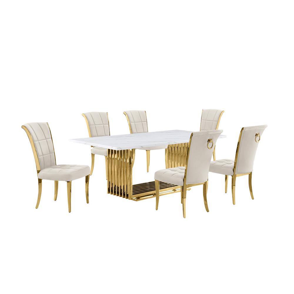 7pc Small(79″) marble top dining set with gold base and 6 Cream side chairs