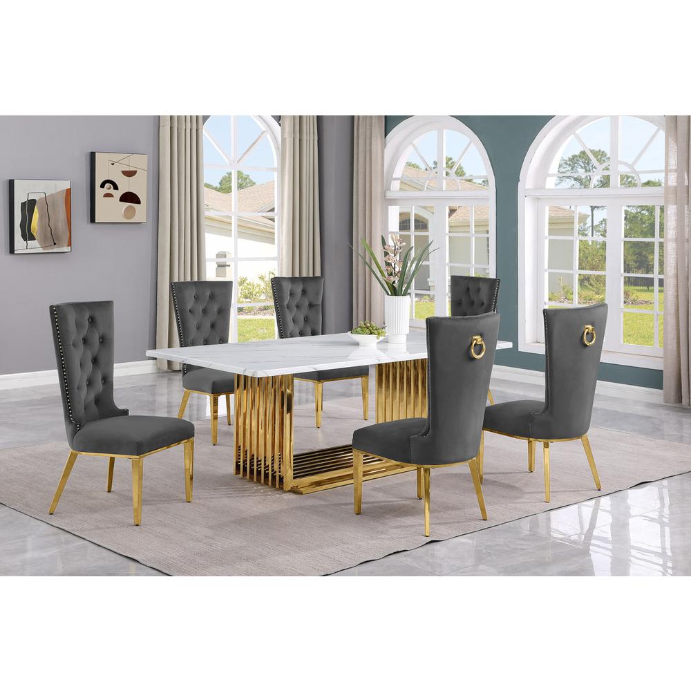 7pc Large(79″) marble top dining set with gold base and 6 Dark grey side chairs