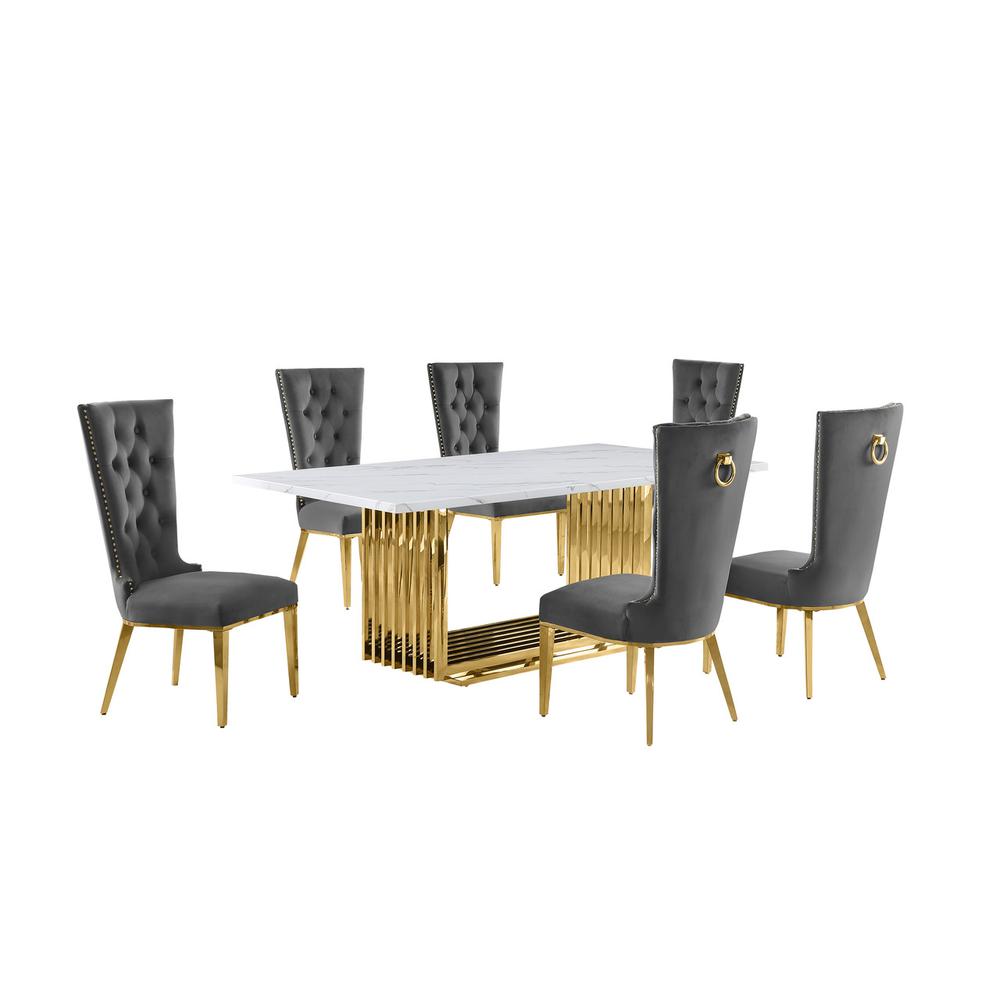 7pc Large(79″) marble top dining set with gold base and 6 Dark grey side chairs