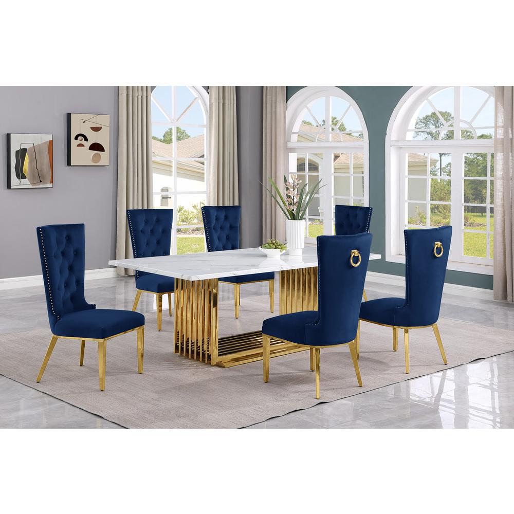 7pc Large(79″) marble top dining set with gold base and 6 Navy blue side chairs