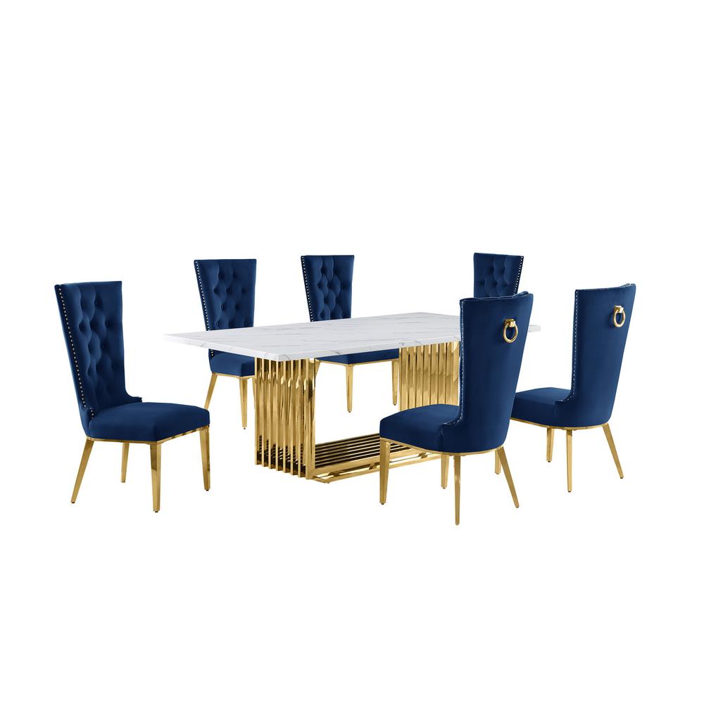 7pc Large(79″) marble top dining set with gold base and 6 Navy blue side chairs