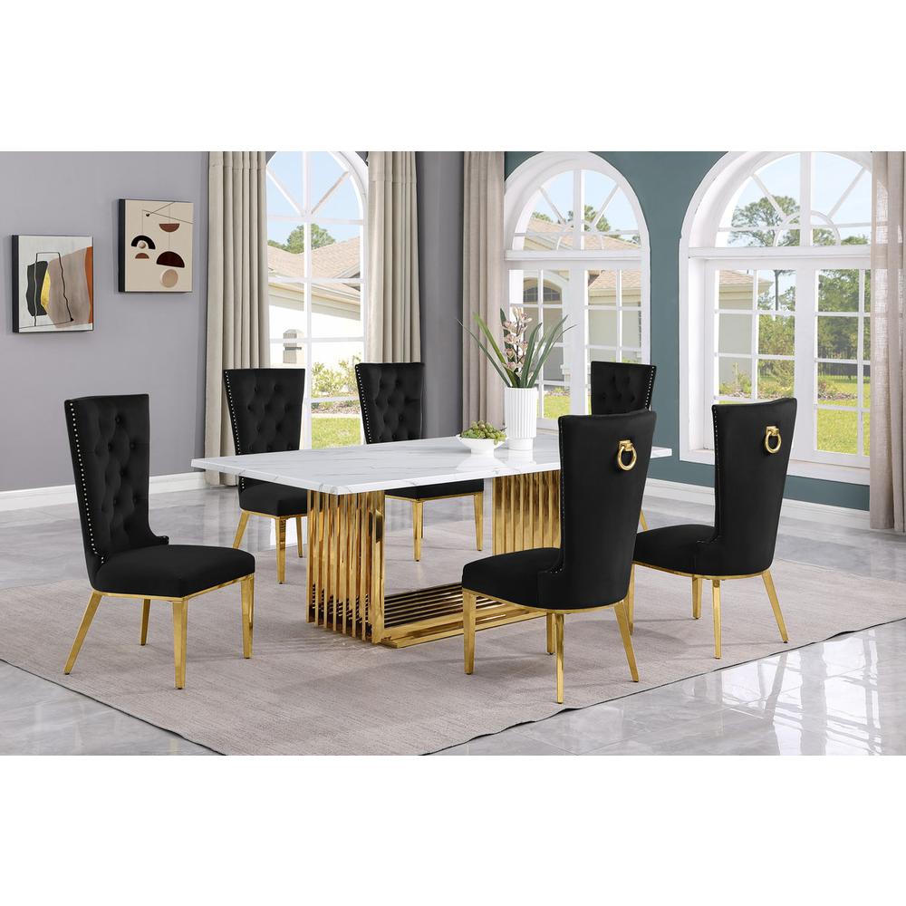 7pc Large(79″) marble top dining set with gold base and 6 Black side chairs