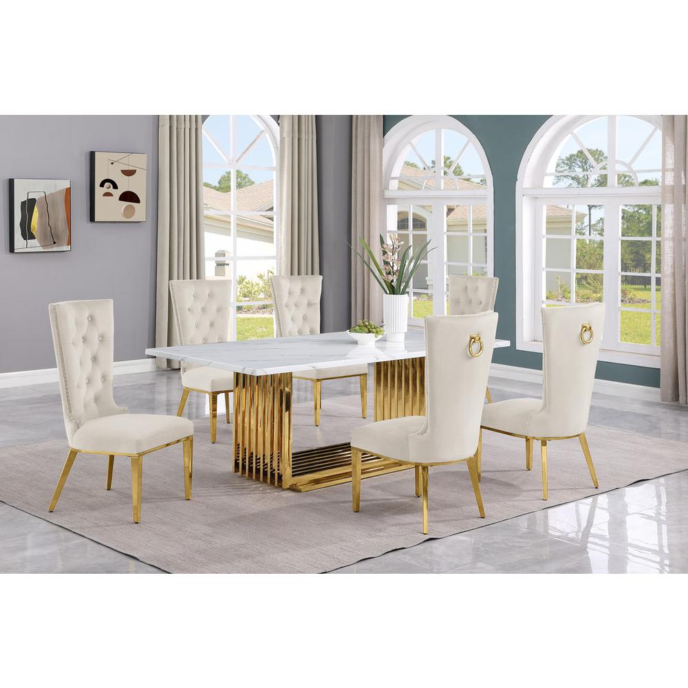 7pc Large(79″) marble top dining set with gold base and 6 Cream side chairs