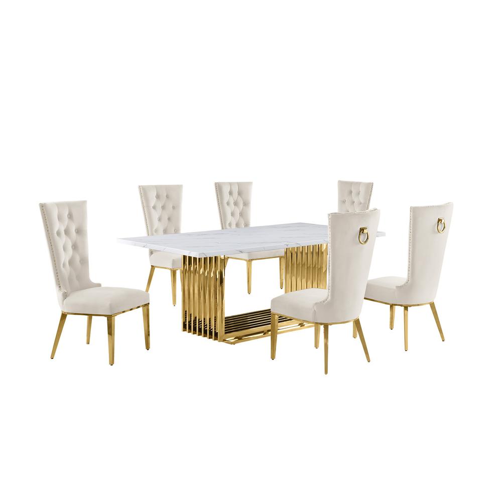 7pc Large(79″) marble top dining set with gold base and 6 Cream side chairs