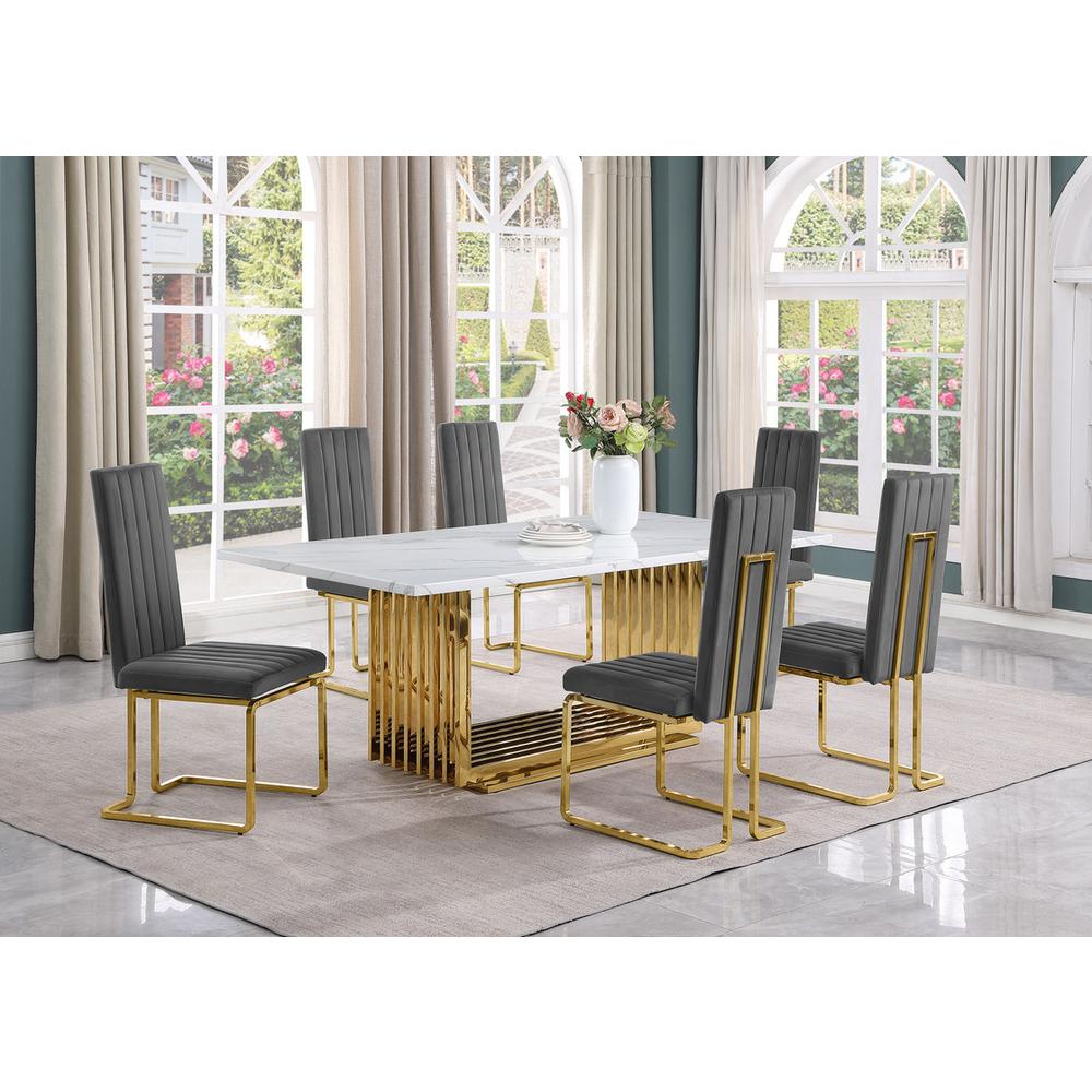 7pc Large(79″) marble top dining set with gold base and 6 Dark grey side chairs