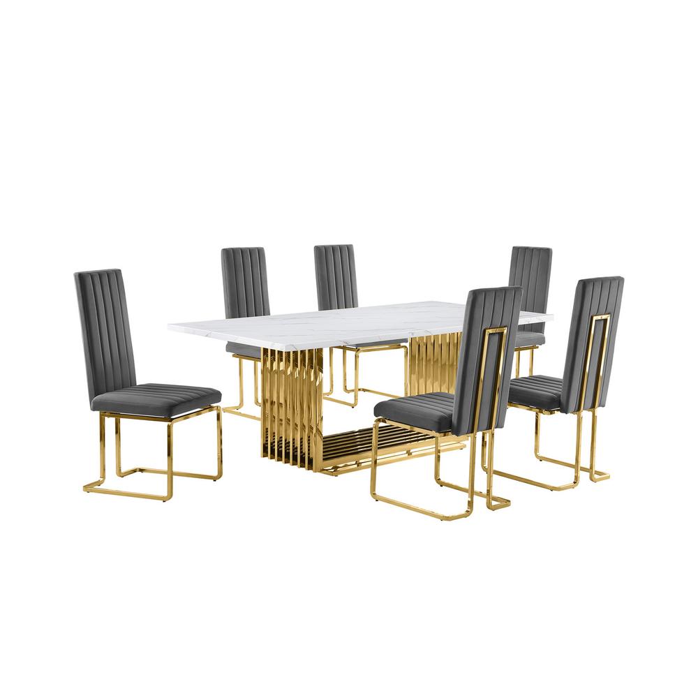 7pc Large(79″) marble top dining set with gold base and 6 Dark grey side chairs