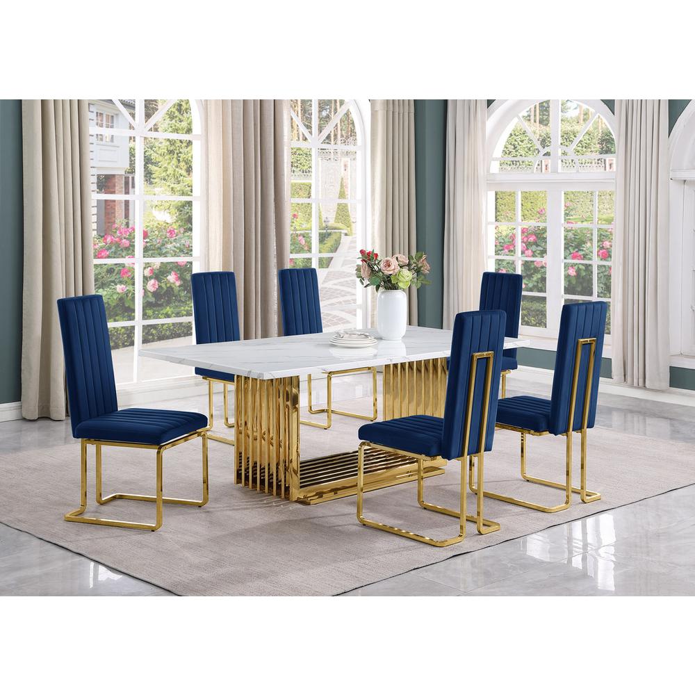 7pc Large(79″) marble top dining set with gold base and 6 Navy blue side chairs