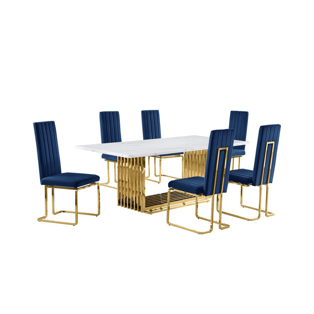 7pc Large(79″) marble top dining set with gold base and 6 Navy blue side chairs