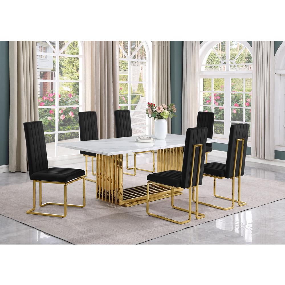 7pc Large(79″) marble top dining set with gold base and 6 Black side chairs