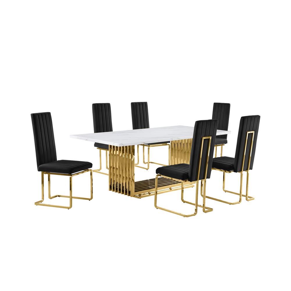 7pc Large(79″) marble top dining set with gold base and 6 Black side chairs