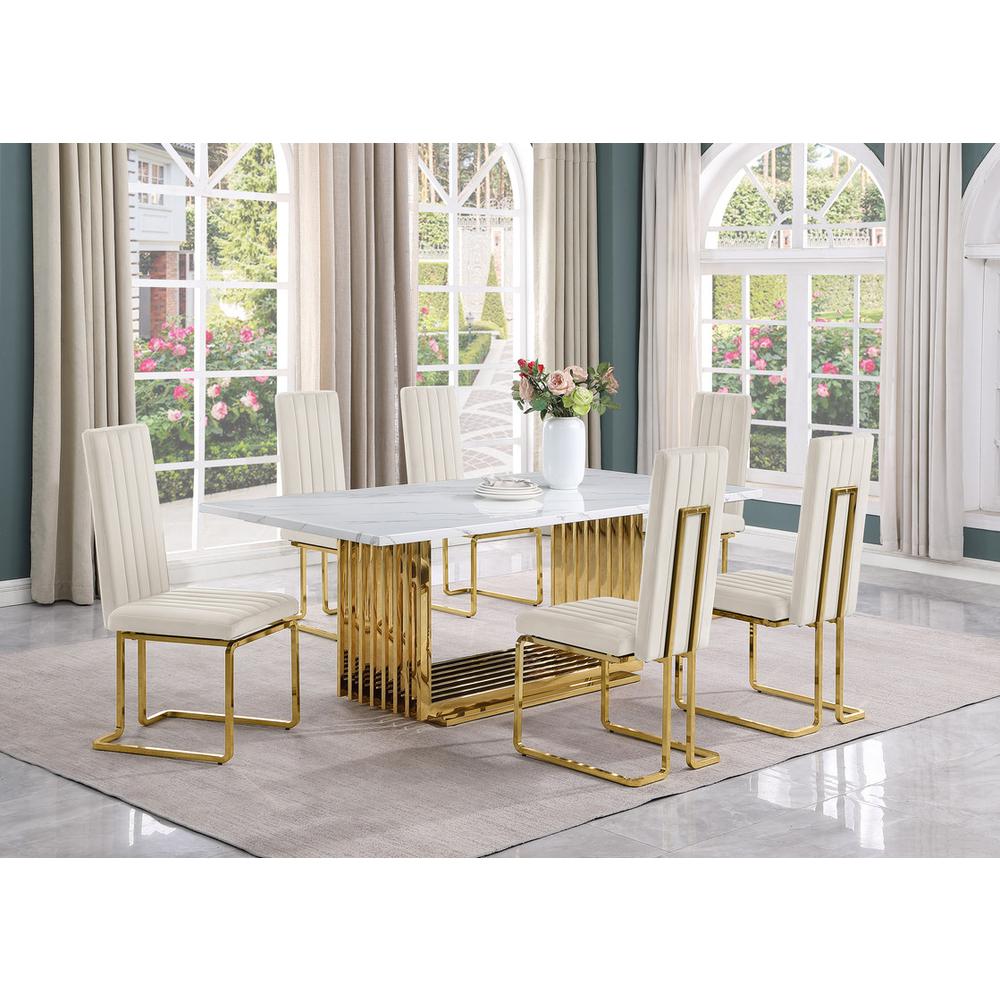 7pc Large(79″) marble top dining set with gold base and 6 Cream side chairs