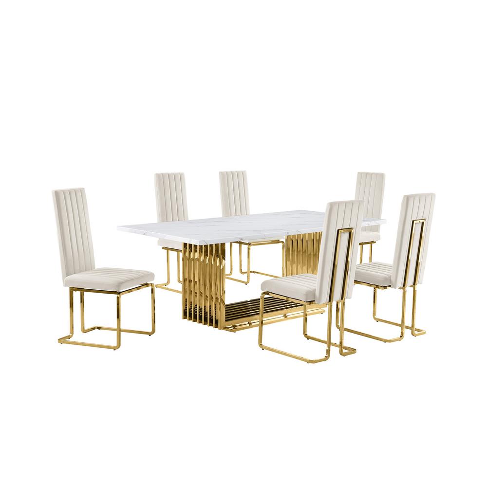 7pc Large(79″) marble top dining set with gold base and 6 Cream side chairs