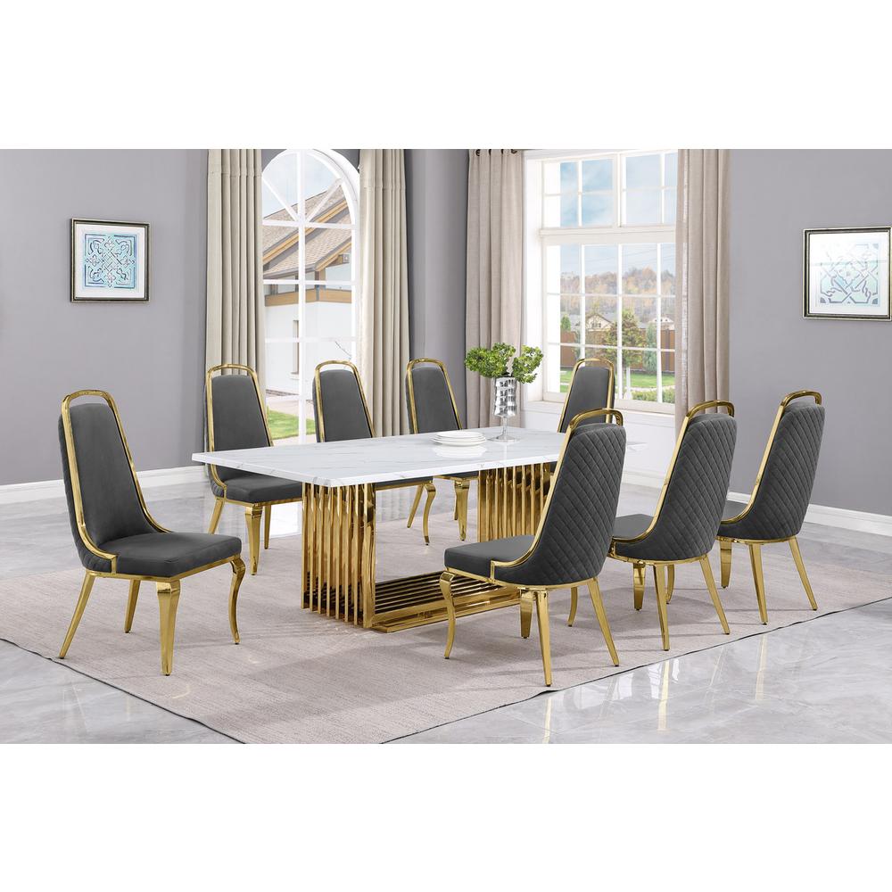 9pc Large(79″) marble top dining set with gold base and 8 Dark grey side chairs