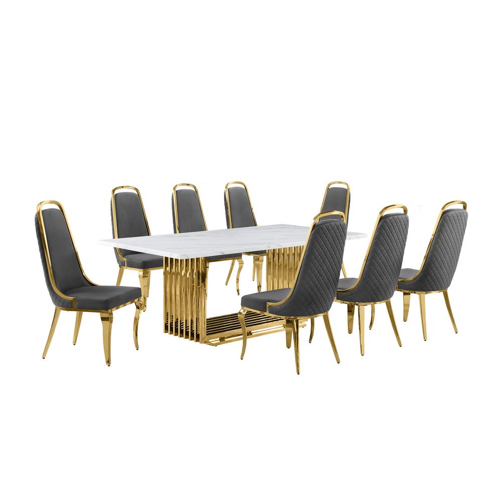 9pc Large(79″) marble top dining set with gold base and 8 Dark grey side chairs