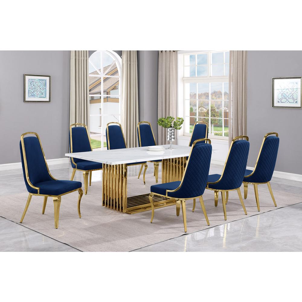 9pc Large(79″) marble top dining set with gold base and 8 Navy blue side chairs