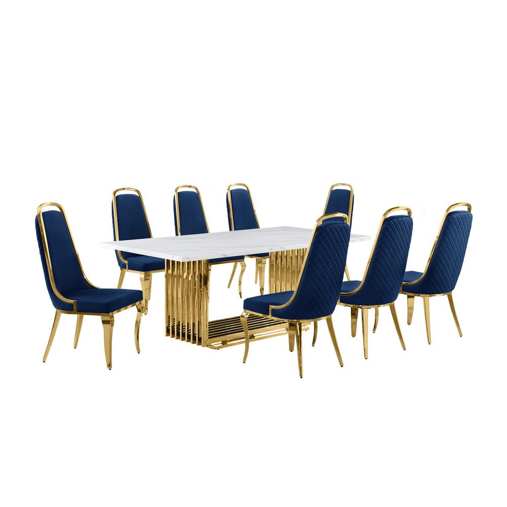 9pc Large(79″) marble top dining set with gold base and 8 Navy blue side chairs