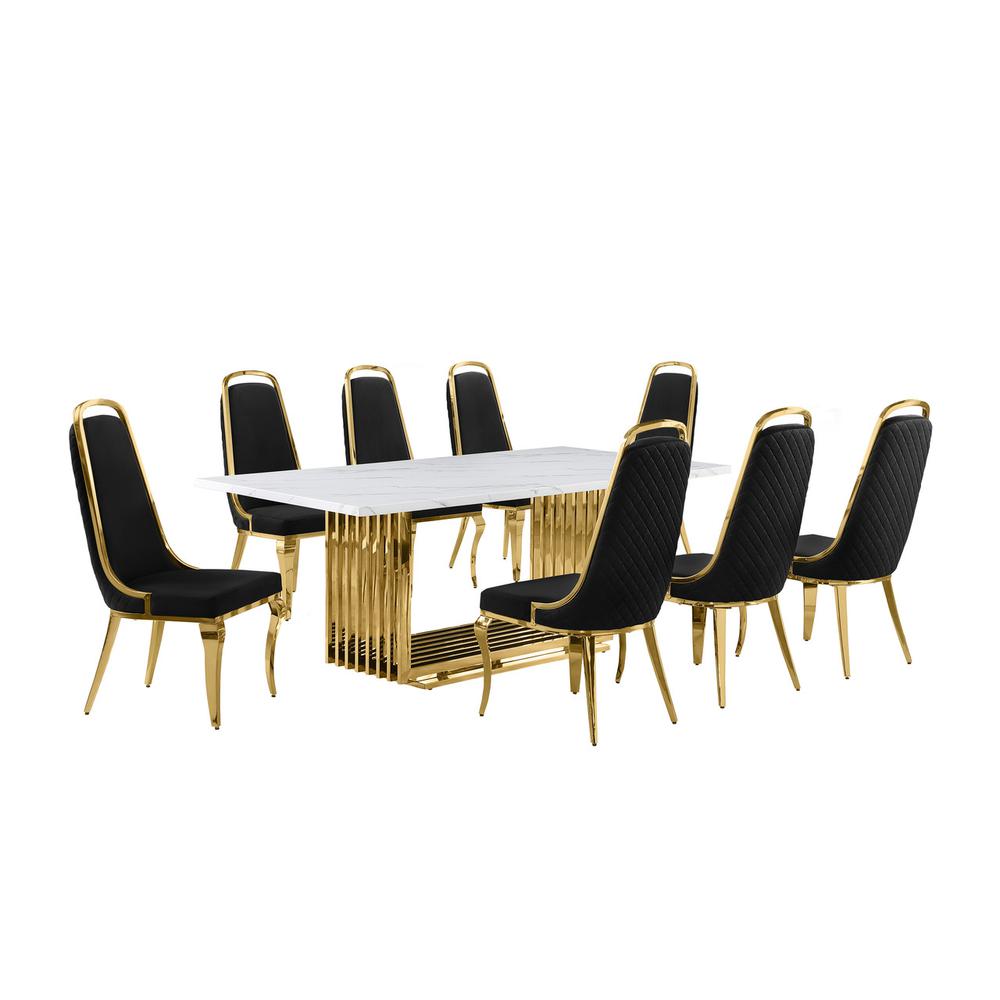 9pc Large(79″) marble top dining set with gold base and 8 Black side chairs
