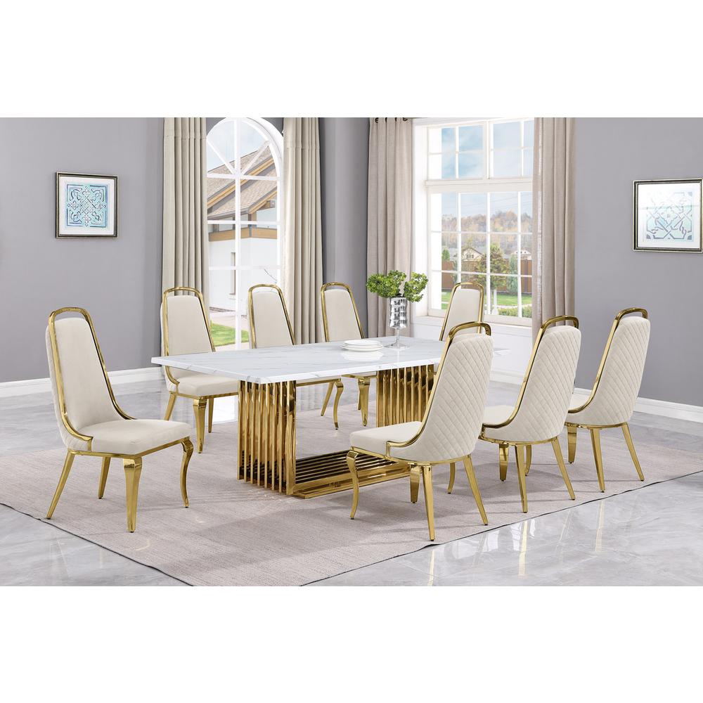 9pc Large(79″) marble top dining set with gold base and 8 Cream side chairs