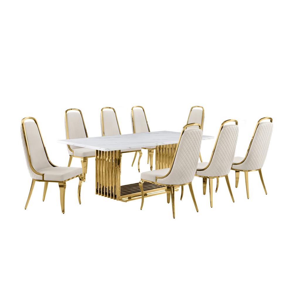 9pc Large(79″) marble top dining set with gold base and 8 Cream side chairs