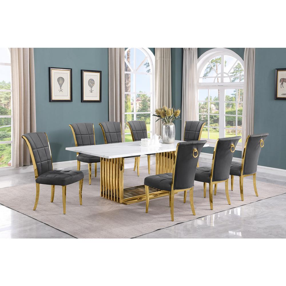 9pc Large(79″) marble top dining set with gold base and 8 Dark grey side chairs